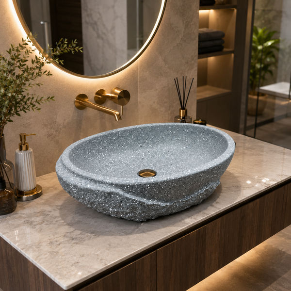Grey Terrazzo Artificial Stone Table Top Wash Basin – Matte Oval Countertop Vessel Sink (21" x 13.5" x 5")