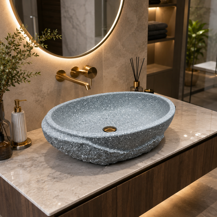 Grey Terrazzo Artificial Stone Table Top Wash Basin – Matte Oval Countertop Vessel Sink (21" x 13.5" x 5")