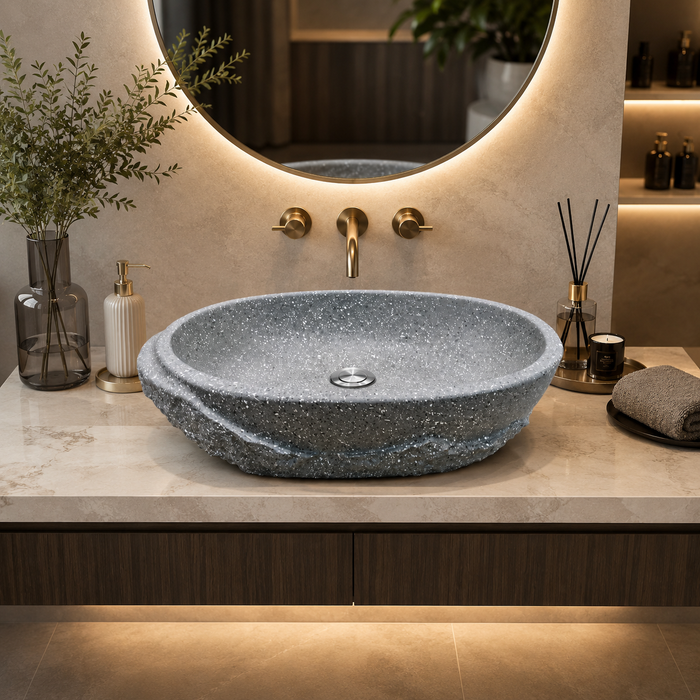 Grey Terrazzo Artificial Stone Table Top Wash Basin – Matte Oval Countertop Vessel Sink (21" x 13.5" x 5")