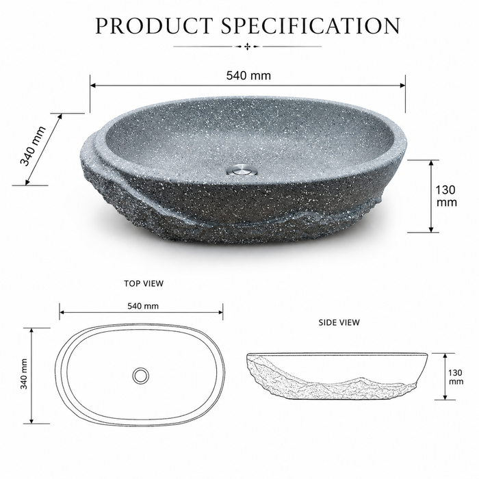 Grey Terrazzo Artificial Stone Table Top Wash Basin – Matte Oval Countertop Vessel Sink (21" x 13.5" x 5")