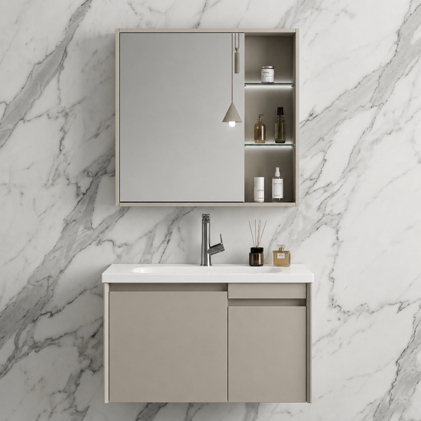 BASSINO Bathroom Vanity Cabinet Set – 32″ Wall Mounted Plywood Vanity with Ceramic Basin & LED Mirror Cabinet