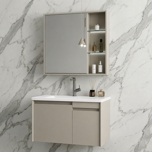 BASSINO Bathroom Vanity Cabinet Set – 32″ Wall Mounted Plywood Vanity with Ceramic Basin & LED Mirror Cabinet