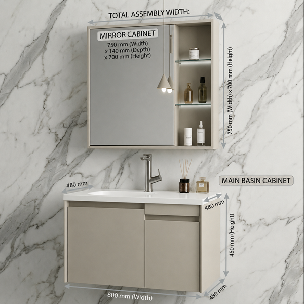 BASSINO Bathroom Vanity Cabinet Set – 32″ Wall Mounted Plywood Vanity with Ceramic Basin & LED Mirror Cabinet