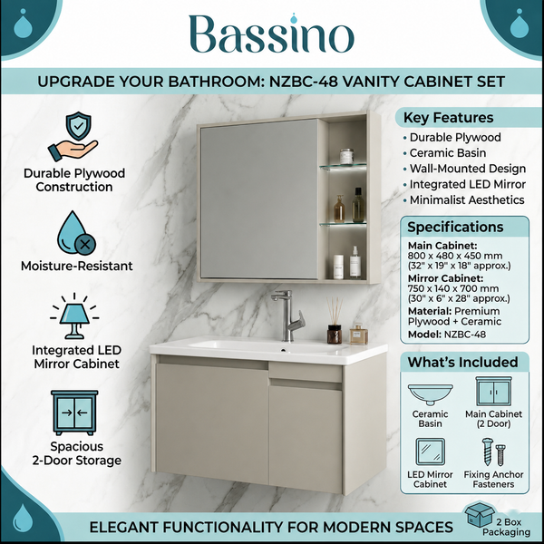 BASSINO Bathroom Vanity Cabinet Set – 32″ Wall Mounted Plywood Vanity with Ceramic Basin & LED Mirror Cabinet