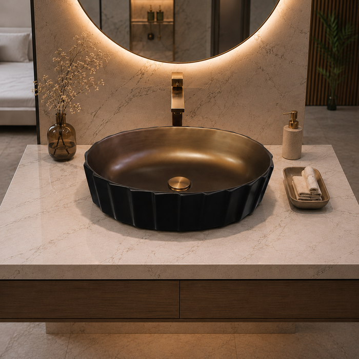 Oval Fluted Black & Bronze Table Top Wash Basin – Luxury Countertop Vessel Sink (22" x 14" x 6")