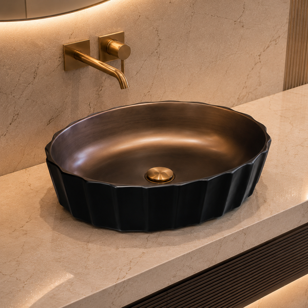Oval Fluted Black & Bronze Table Top Wash Basin – Luxury Countertop Vessel Sink (22" x 14" x 6")