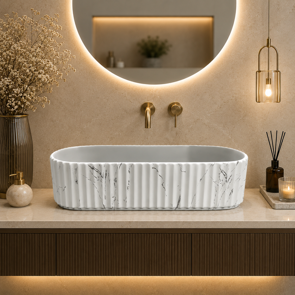Dual Colour White Marble & Grey Fluted Ceramic Table Top Wash Basin – Luxury Countertop Vessel Sink (20" x 12" x 4.5")
