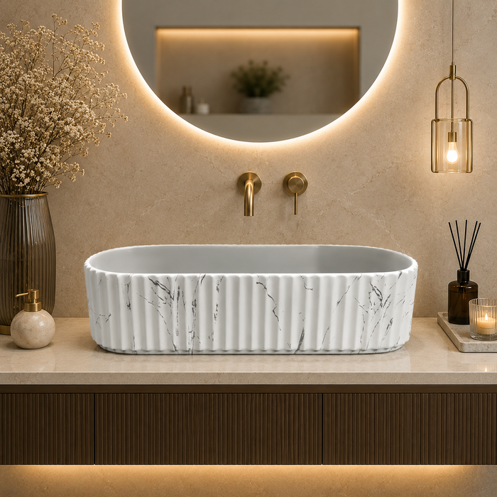 Dual Colour White Marble & Grey Fluted Ceramic Table Top Wash Basin – Luxury Countertop Vessel Sink (20" x 12" x 4.5")