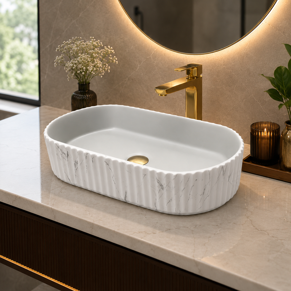 Dual Colour White Marble & Grey Fluted Ceramic Table Top Wash Basin – Luxury Countertop Vessel Sink (20" x 12" x 4.5")