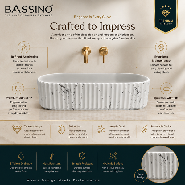 Dual Colour White Marble & Grey Fluted Ceramic Table Top Wash Basin – Luxury Countertop Vessel Sink (20" x 12" x 4.5")