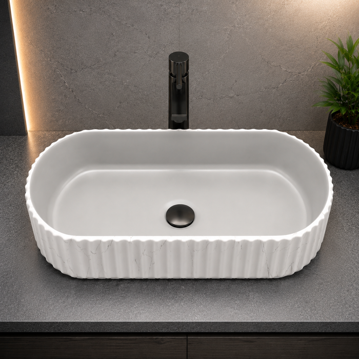 Dual Colour White Marble & Grey Fluted Ceramic Table Top Wash Basin – Luxury Countertop Vessel Sink (20" x 12" x 4.5")
