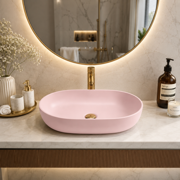 Designer Oval Countertop Wash Basin | (24" × 17" × 6" IN) Matte Finish Bathroom Sink Pink