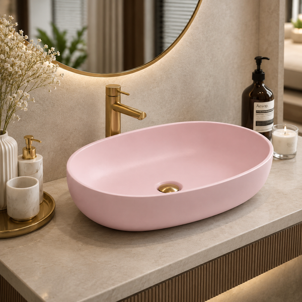 Designer Oval Countertop Wash Basin | (24" × 17" × 6" IN) Matte Finish Bathroom Sink Pink