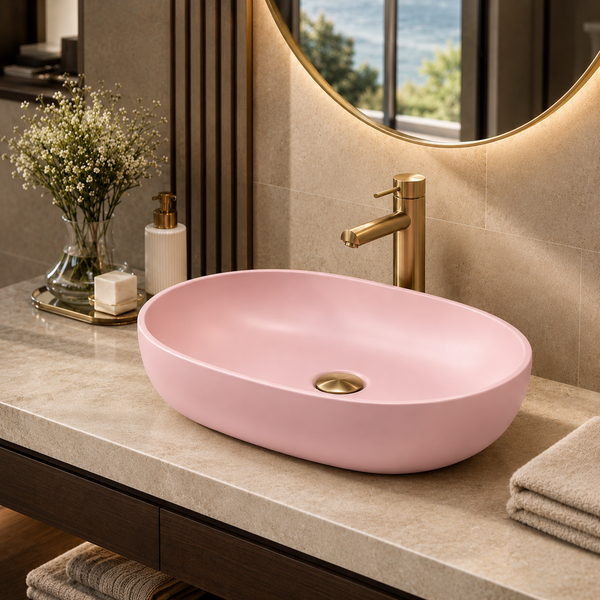 Designer Oval Countertop Wash Basin | (24" × 17" × 6" IN) Matte Finish Bathroom Sink Pink