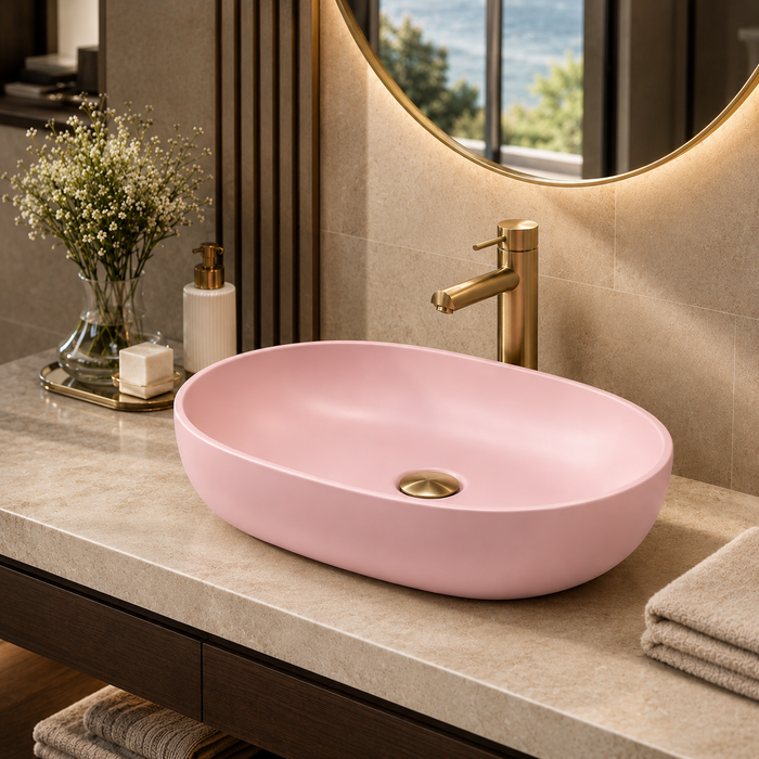 Designer Oval Countertop Wash Basin | (24" × 17" × 6" IN) Matte Finish Bathroom Sink Pink