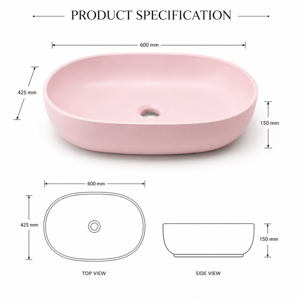 Designer Oval Countertop Wash Basin | (24" × 17" × 6" IN) Matte Finish Bathroom Sink Pink