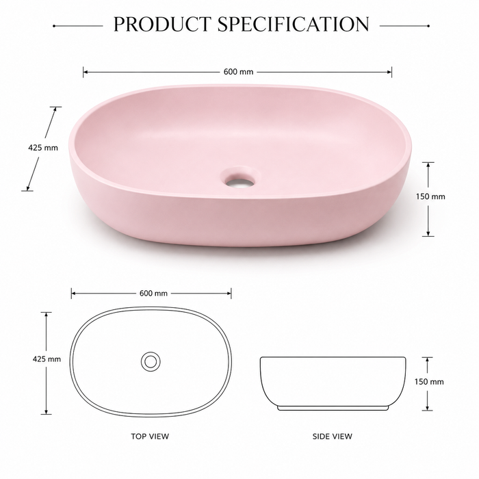 Designer Oval Countertop Wash Basin | (24" × 17" × 6" IN) Matte Finish Bathroom Sink Pink