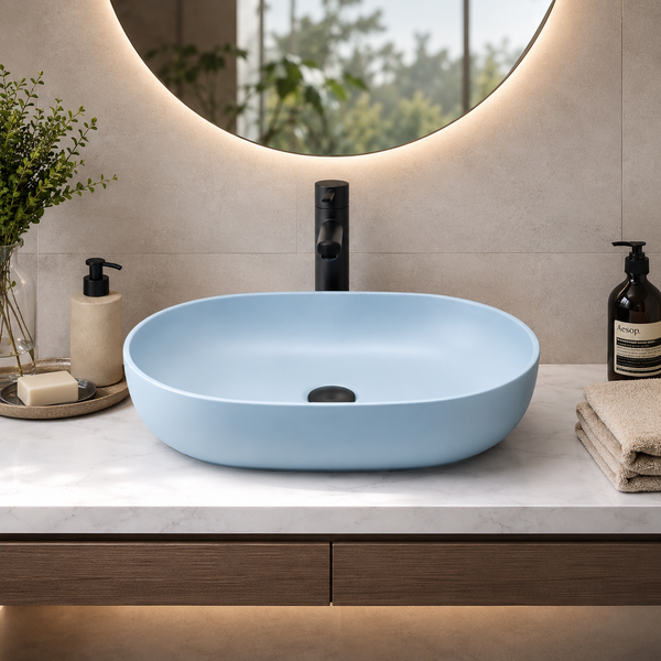 Designer Oval Countertop Wash Basin | (24" × 17" × 6" IN) Matte Finish Bathroom Sink Aqua Blue
