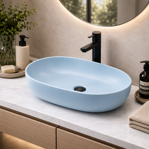 Designer Oval Countertop Wash Basin | (24" × 17" × 6" IN) Matte Finish Bathroom Sink Aqua Blue