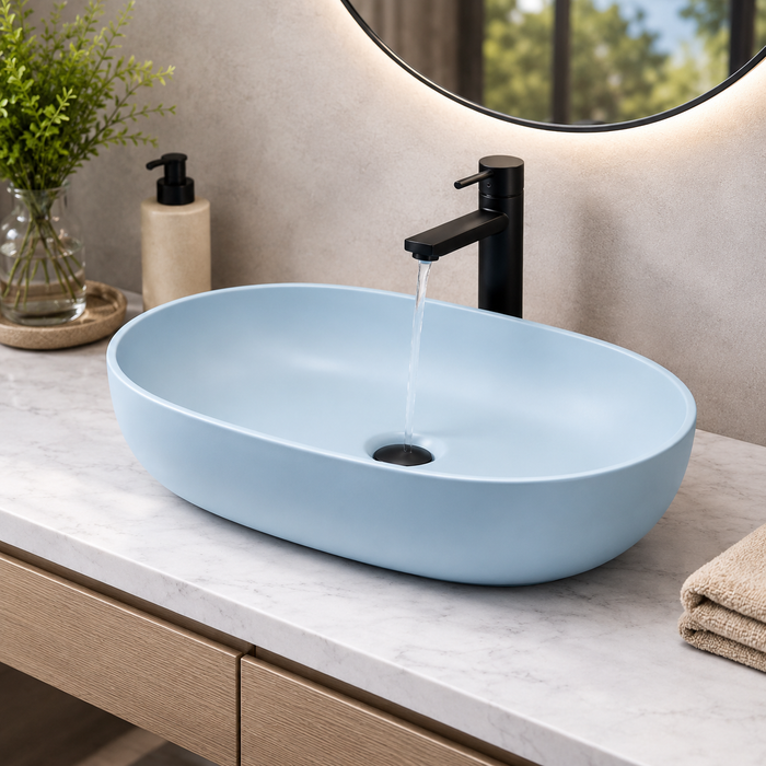 Designer Oval Countertop Wash Basin | (24" × 17" × 6" IN) Matte Finish Bathroom Sink Aqua Blue