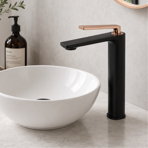 Premium Brass Tall Basin Mixer Faucet, Black Body with Rose Gold Handle (Hot & Cold) NCGF-510 – 5 Years Warranty