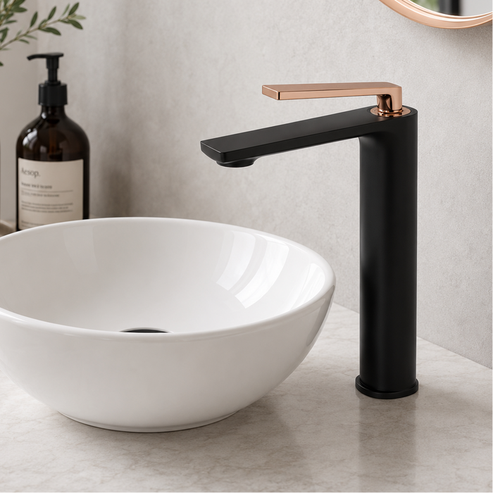 Premium Brass Tall Basin Mixer Faucet, Black Body with Rose Gold Handle (Hot & Cold) NCGF-510 – 5 Years Warranty