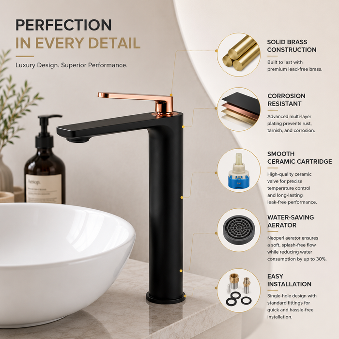 Premium Brass Tall Basin Mixer Faucet, Black Body with Rose Gold Handle (Hot & Cold) NCGF-510 – 5 Years Warranty