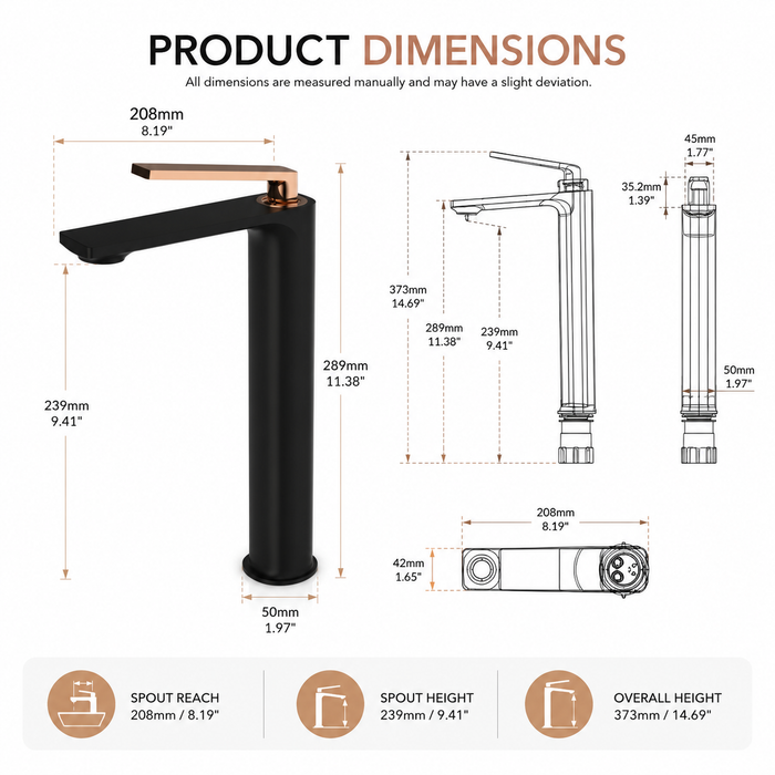Premium Brass Tall Basin Mixer Faucet, Black Body with Rose Gold Handle (Hot & Cold) NCGF-510 – 5 Years Warranty