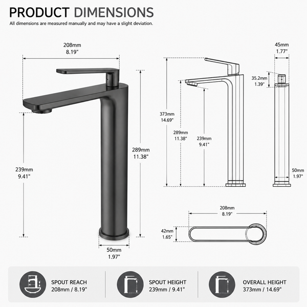 Premium Brass Tall Basin Mixer Faucet, Gun Grey Finish (Hot & Cold) NCGF-513 – 5 Years Warranty