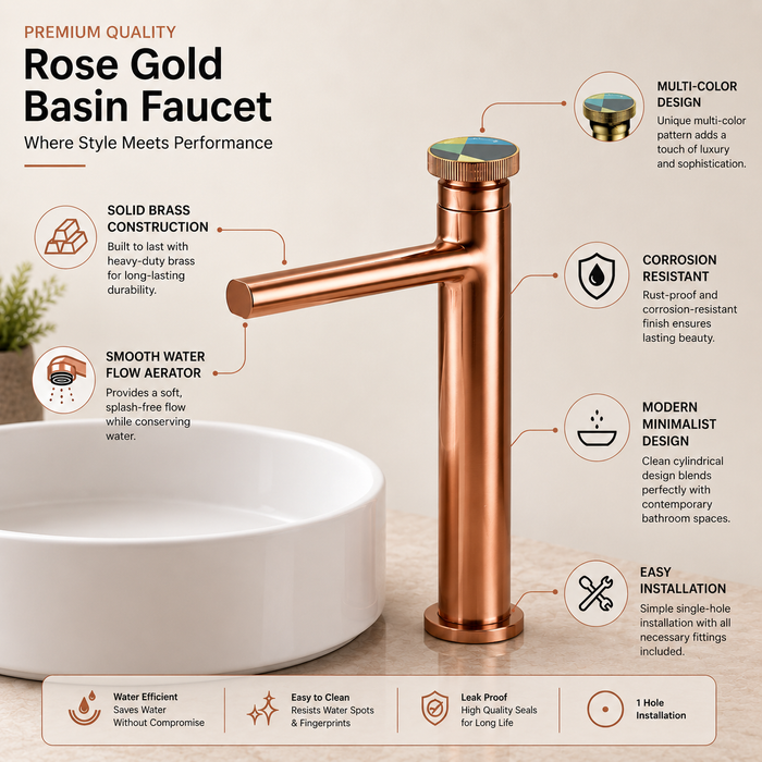 Premium Brass Tall Basin Mixer Tap, Brushed Rose Gold Finish, Tall Size (NCGF 508) – 5 Years Warranty