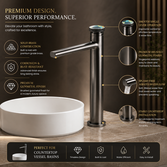 Premium Brass Tall Basin Mixer Tap, Gun Grey Finish, Tall Size (NCGF 509) – 5 Years Warranty