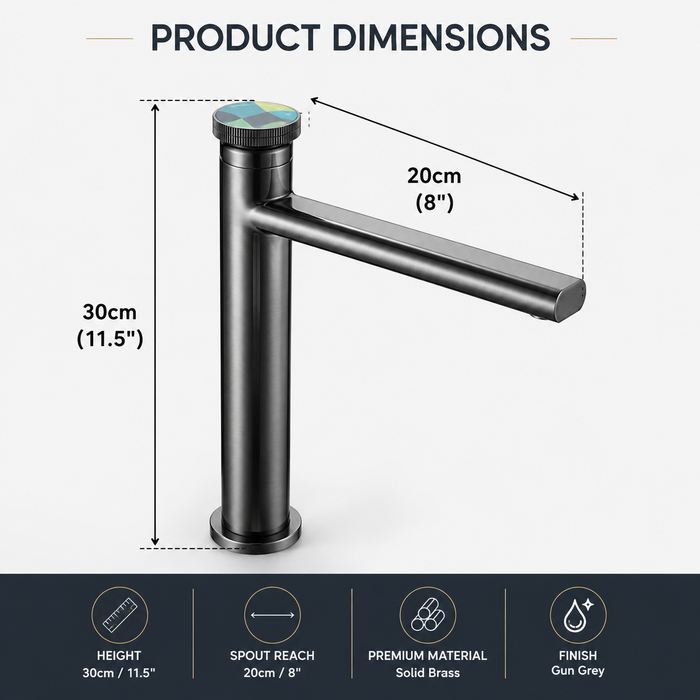 Premium Brass Tall Basin Mixer Tap, Gun Grey Finish, Tall Size (NCGF 509) – 5 Years Warranty