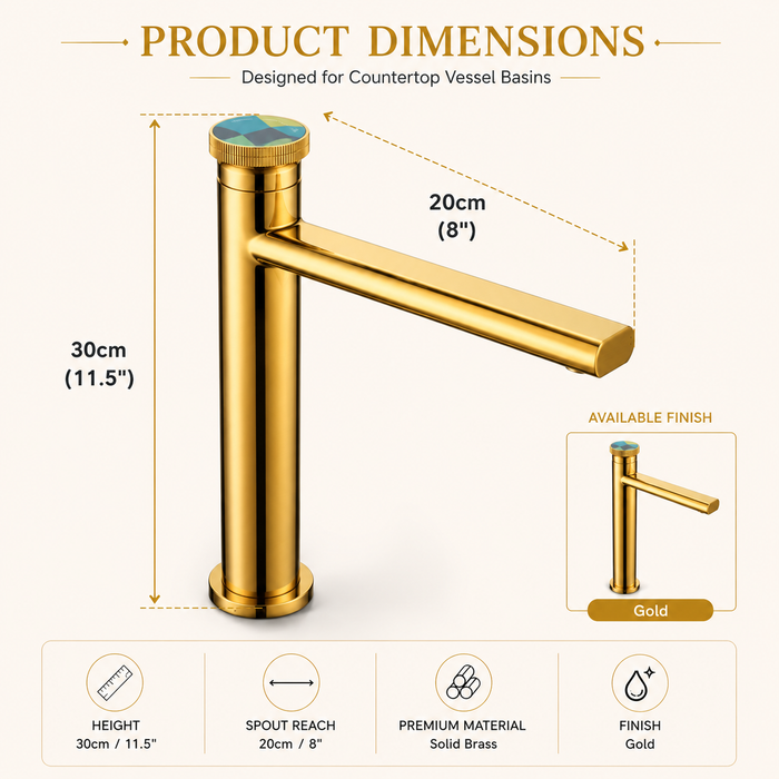 Premium Brass Tall Basin Mixer Tap, Brushed Gold Finish, Tall Size (NCGF 507) – 5 Years Warranty