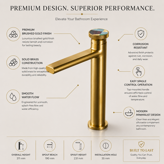 Premium Brass Tall Basin Mixer Tap, Brushed Gold Finish, Tall Size (NCGF 507) – 5 Years Warranty