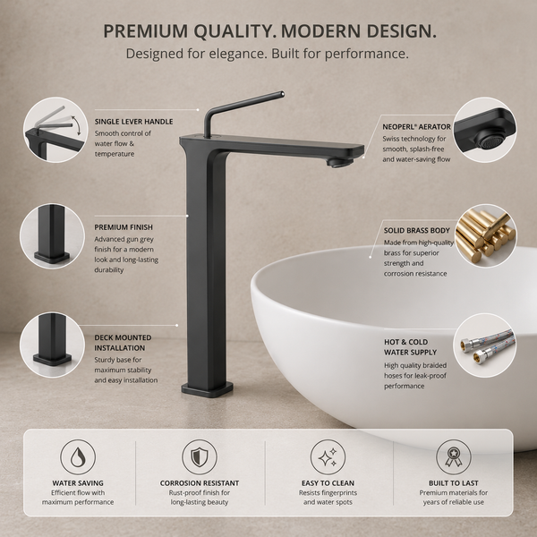 Premium Brass Tall Basin Mixer Tap, Gun Grey Finish, Tall Size (NCGF 506) – 5 Years Warranty