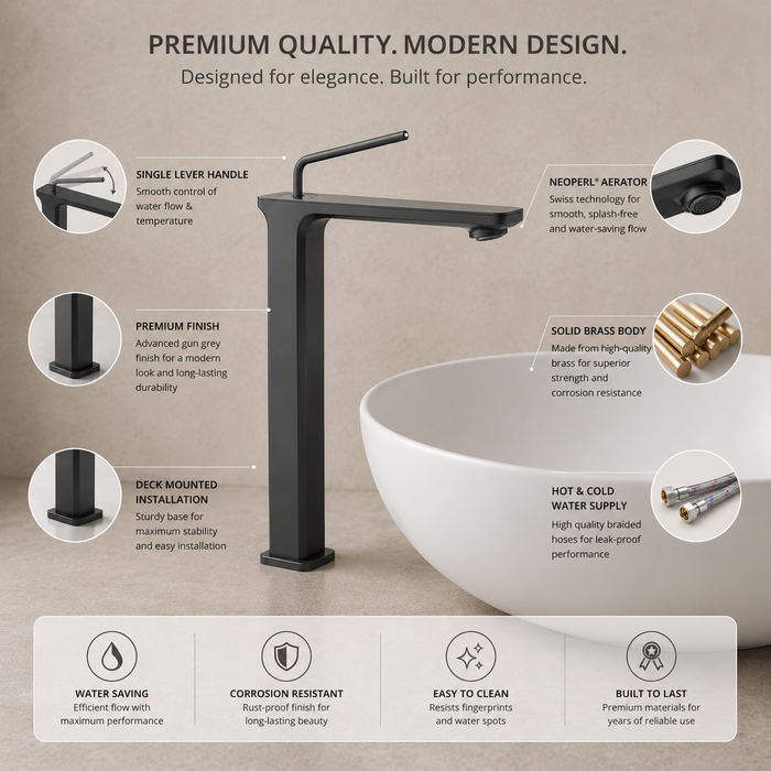 Premium Brass Tall Basin Mixer Tap, Gun Grey Finish, Tall Size (NCGF 506) – 5 Years Warranty