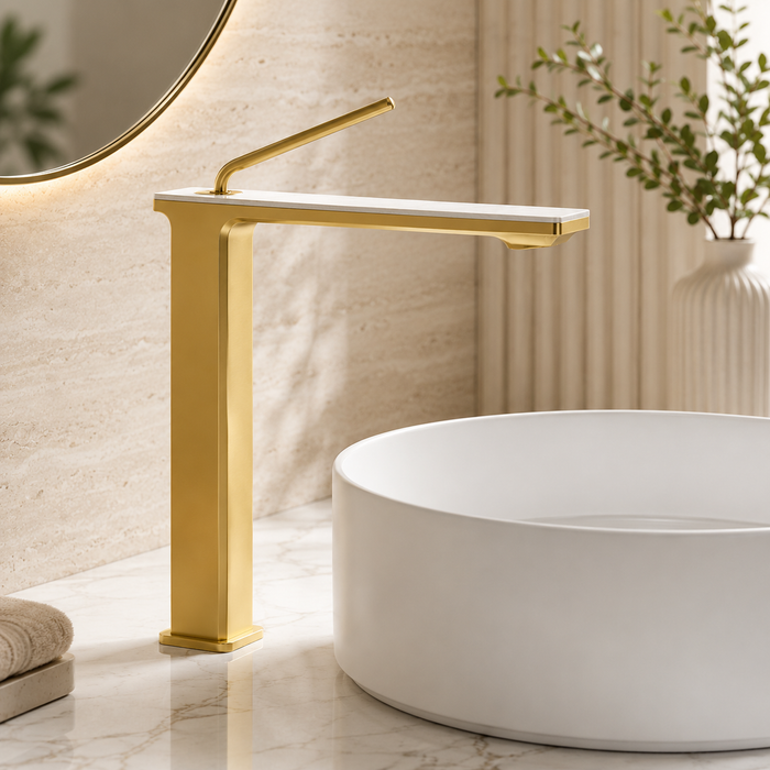 Premium Brass Tall Basin Mixer Tap, Brushed Gold Finish, Tall Size (NCGF 505) – 5 Years Warranty