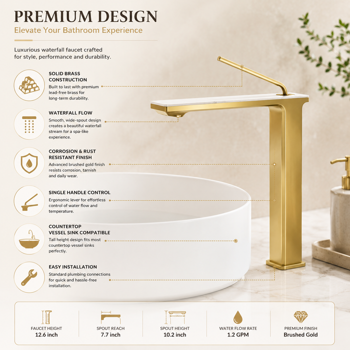 Premium Brass Tall Basin Mixer Tap, Brushed Gold Finish, Tall Size (NCGF 505) – 5 Years Warranty