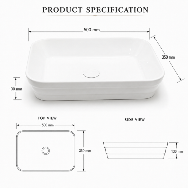 Rectangular Countertop Wash Basin | 20 × 14 × 5 Inches Designer Bathroom Sink – Glossy & Matte Finish White