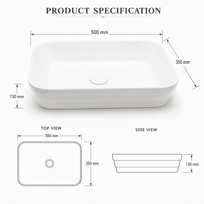 Rectangular Countertop Wash Basin | 20 × 14 × 5 Inches Designer Bathroom Sink – Glossy & Matte Finish White