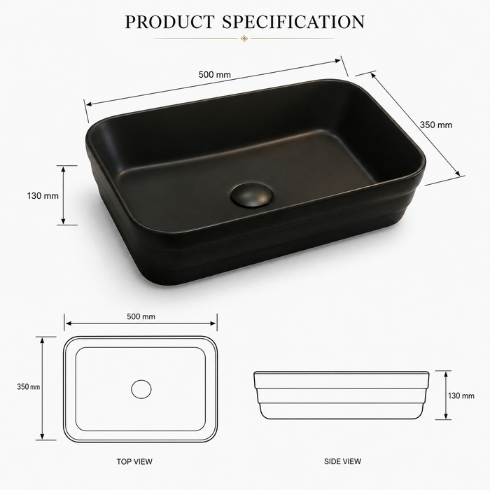 Rectangular Countertop Wash Basin | 20 × 14 × 5 Inches Designer Bathroom Sink – Matte Finish Black