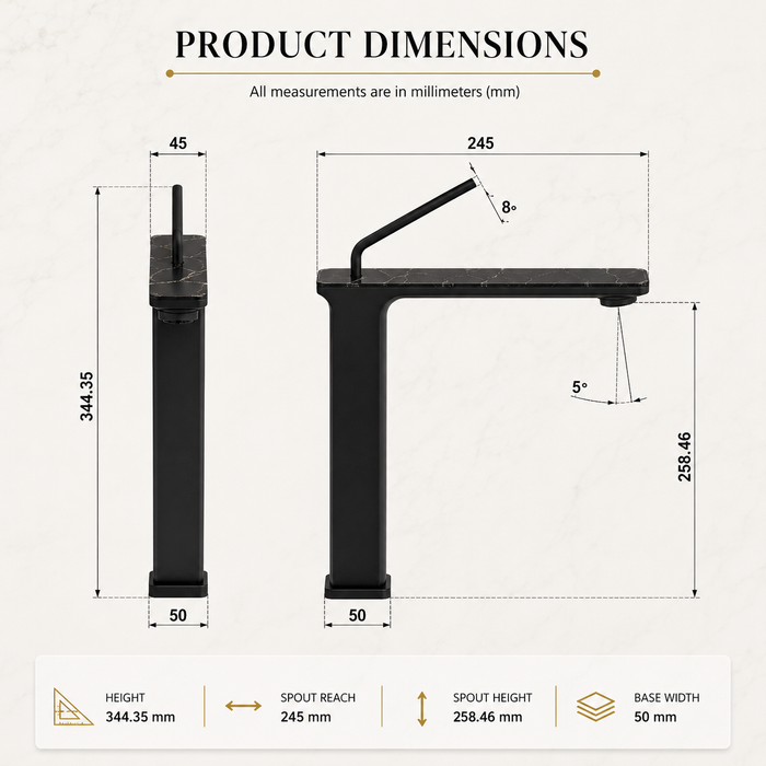Premium Brass Tall Basin Mixer Tap, Black Finish, Tall Size (NCGF 504) – 5 Years Warranty