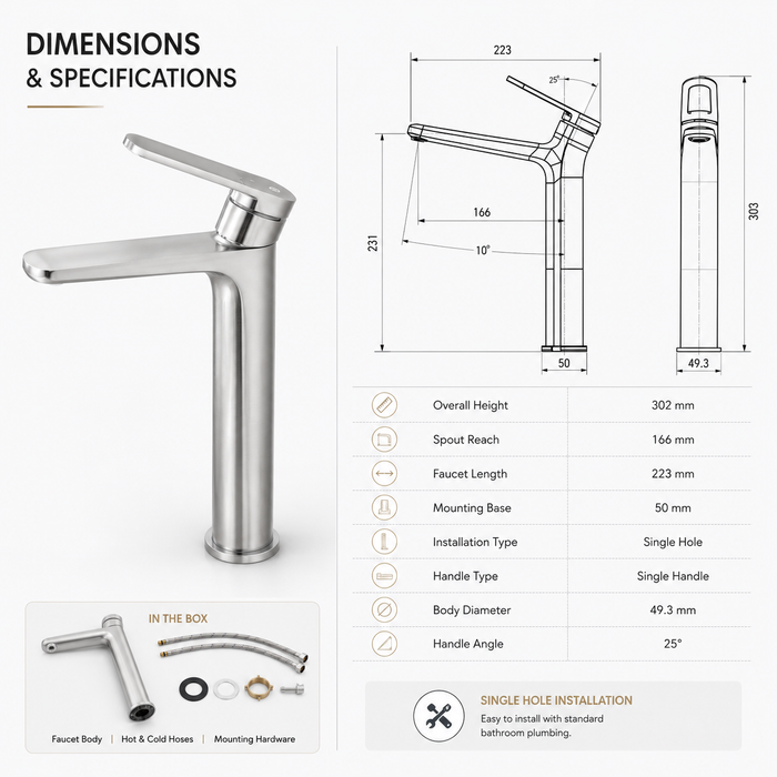 Premium Brass Tall Basin Mixer Tap – Gun Grey Finish Tall Size (NCGF 503) – 5 Years Warranty
