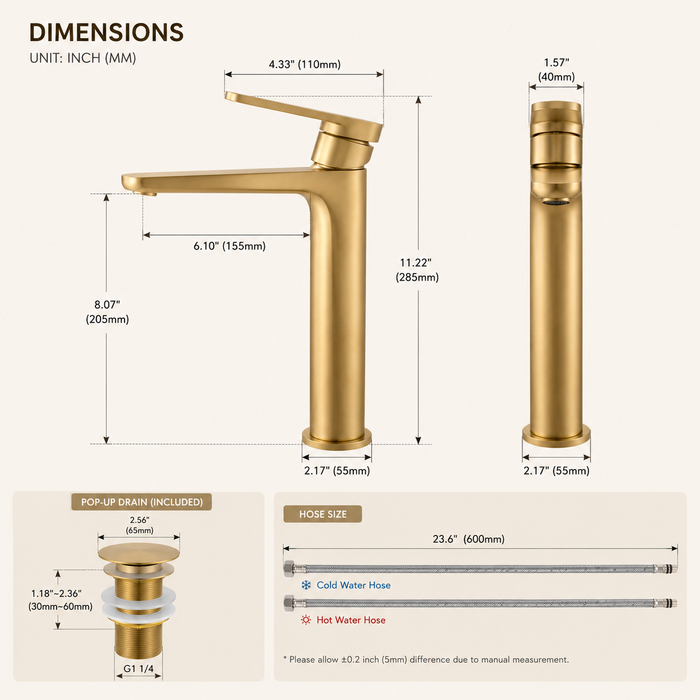 Premium Brass Tall Basin Mixer Tap – Brushed Gold Finish Tall Size (NCGF 502) – 5 Years Warranty