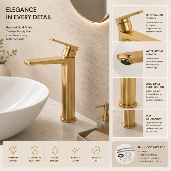 Premium Brass Tall Basin Mixer Tap – Brushed Gold Finish Tall Size (NCGF 502) – 5 Years Warranty