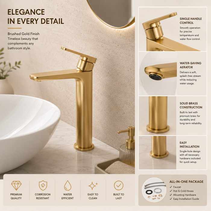 Premium Brass Tall Basin Mixer Tap – Brushed Gold Finish Tall Size (NCGF 502) – 5 Years Warranty