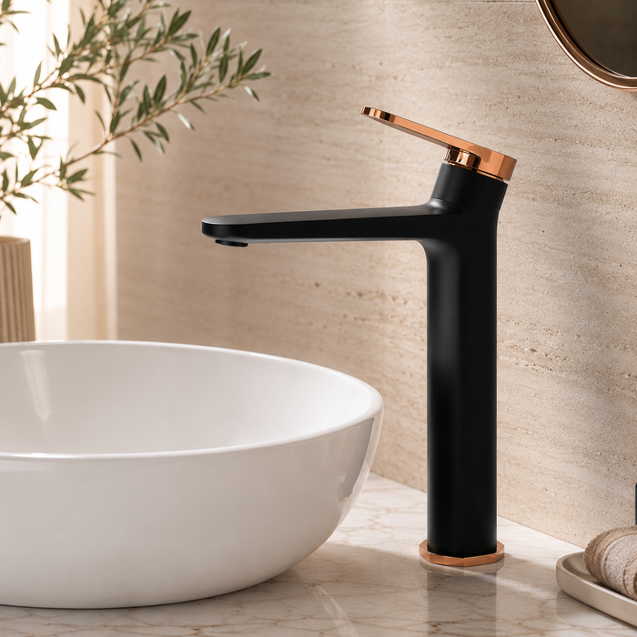 Premium Brass Tall Basin Mixer Tap – Black Rose Gold Finish Tall Size (NCGF 501) – 5 Years Warranty
