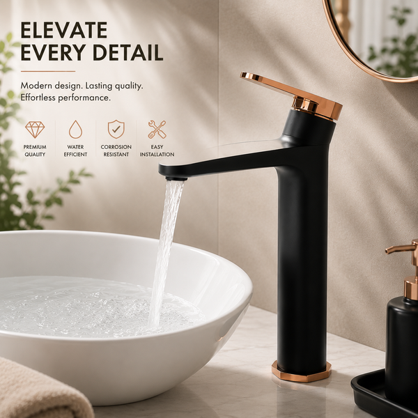 Premium Brass Tall Basin Mixer Tap – Black Rose Gold Finish Tall Size (NCGF 501) – 5 Years Warranty