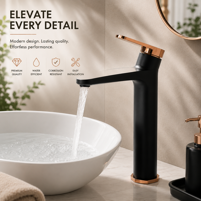 Premium Brass Tall Basin Mixer Tap – Black Rose Gold Finish Tall Size (NCGF 501) – 5 Years Warranty
