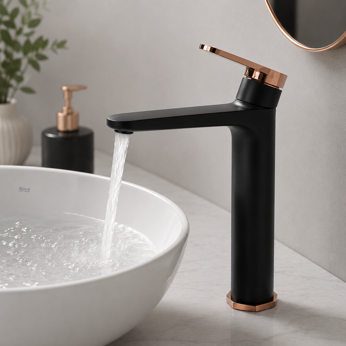 Premium Brass Tall Basin Mixer Tap – Black Rose Gold Finish Tall Size (NCGF 501) – 5 Years Warranty